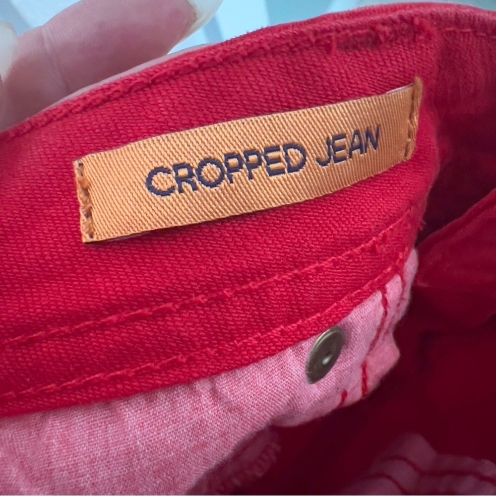 Tory Burch Red Cropped Skinny Jeans Embroidered Logo Pockets Size 26 denim NEW - Picture 15 of 15